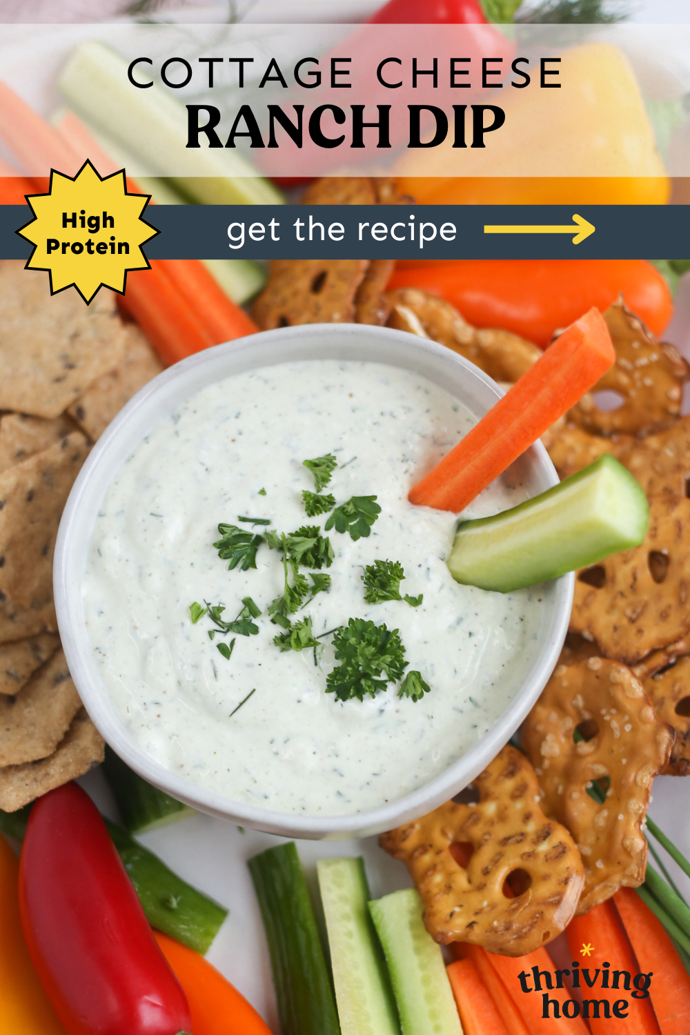 Cottage cheese ranch dip with veggie sticks and pretzel chips.