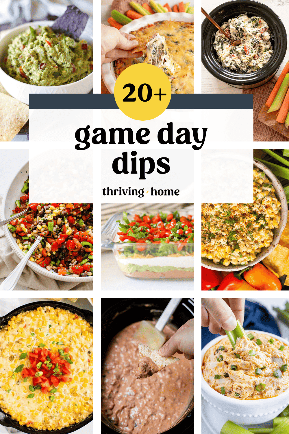 A collage image of a variety of game day dips.