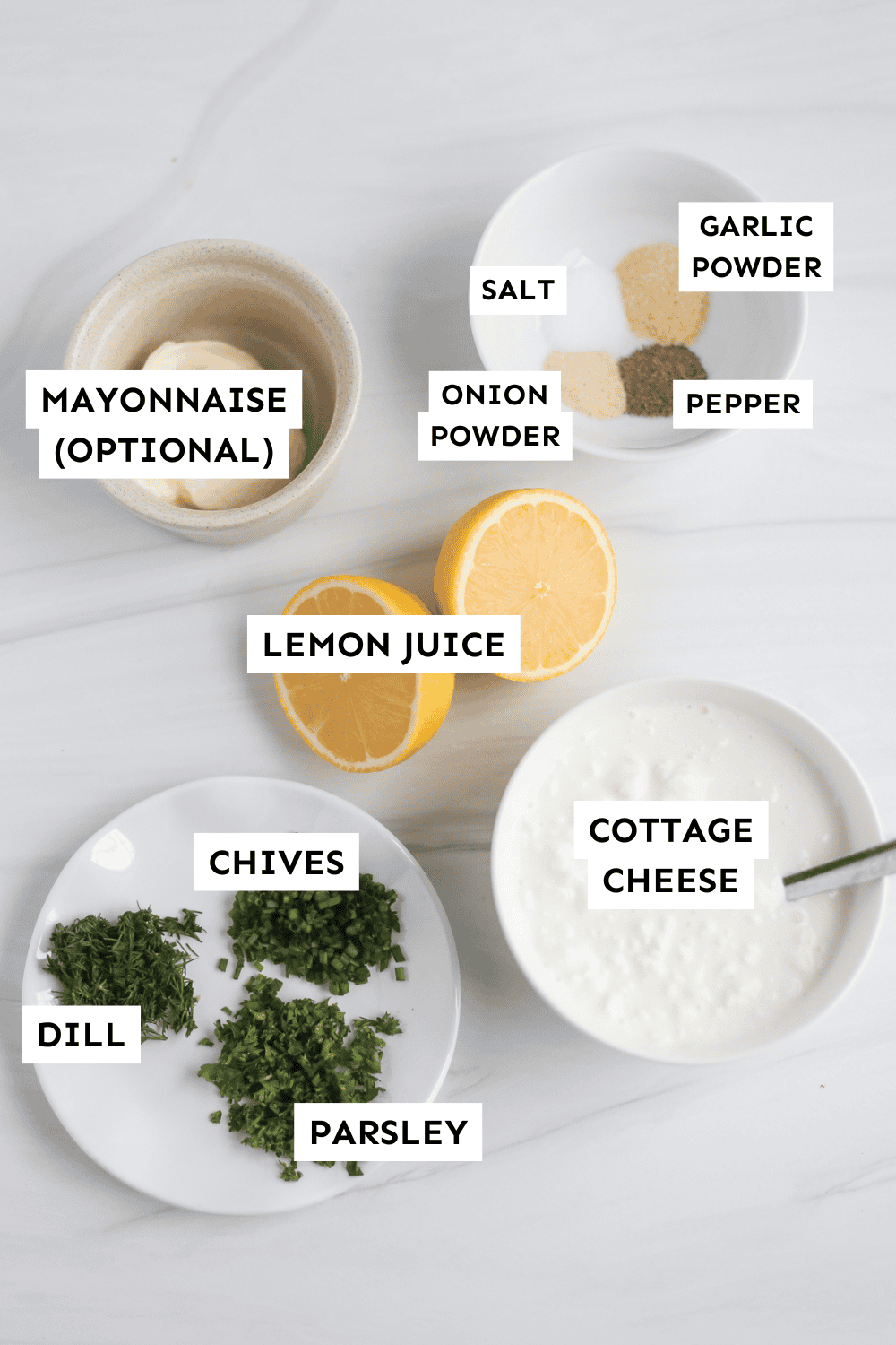 Ingredients for high protein cottage cheese ranch dip.