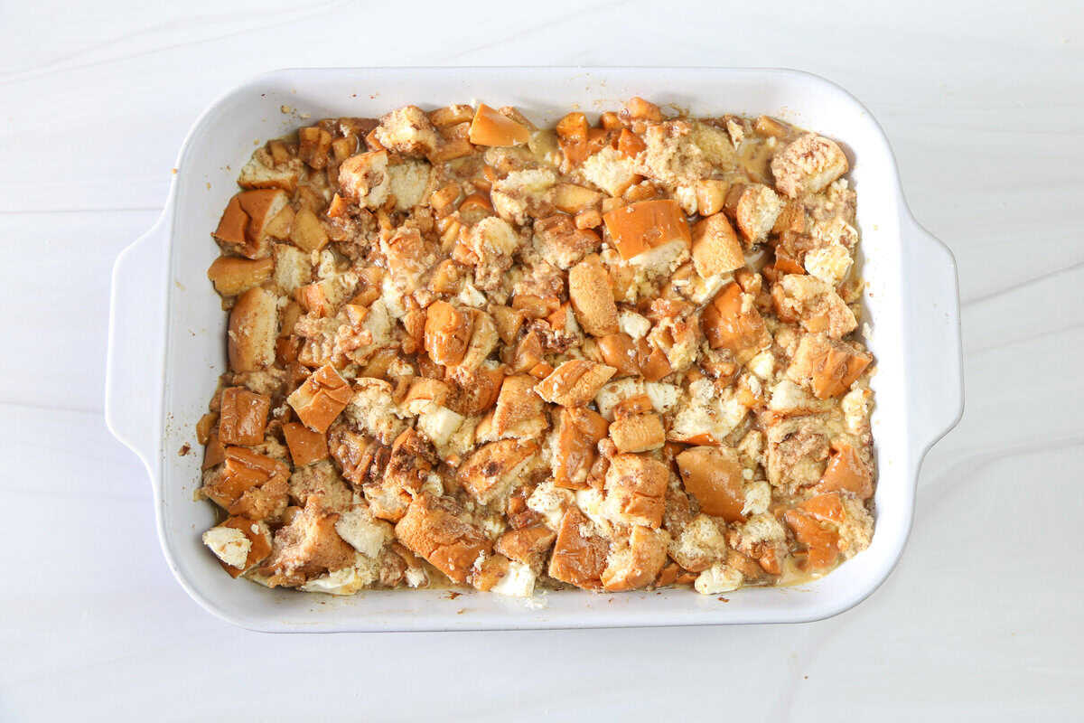 Apple cinnamon french toast casserole ready for the oven.