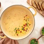 Cheddar and bacon soup in a dutch oven with chopped bacon, and green onions in bowls next to it.