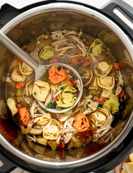 Chicken tortellini soup on the Instant Pot ready to serve.