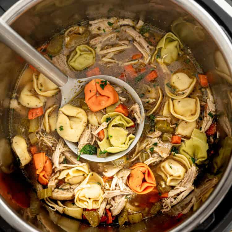 Chicken tortellini soup on the Instant Pot ready to serve.