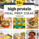 Collage image of high protein meal prep ideas.