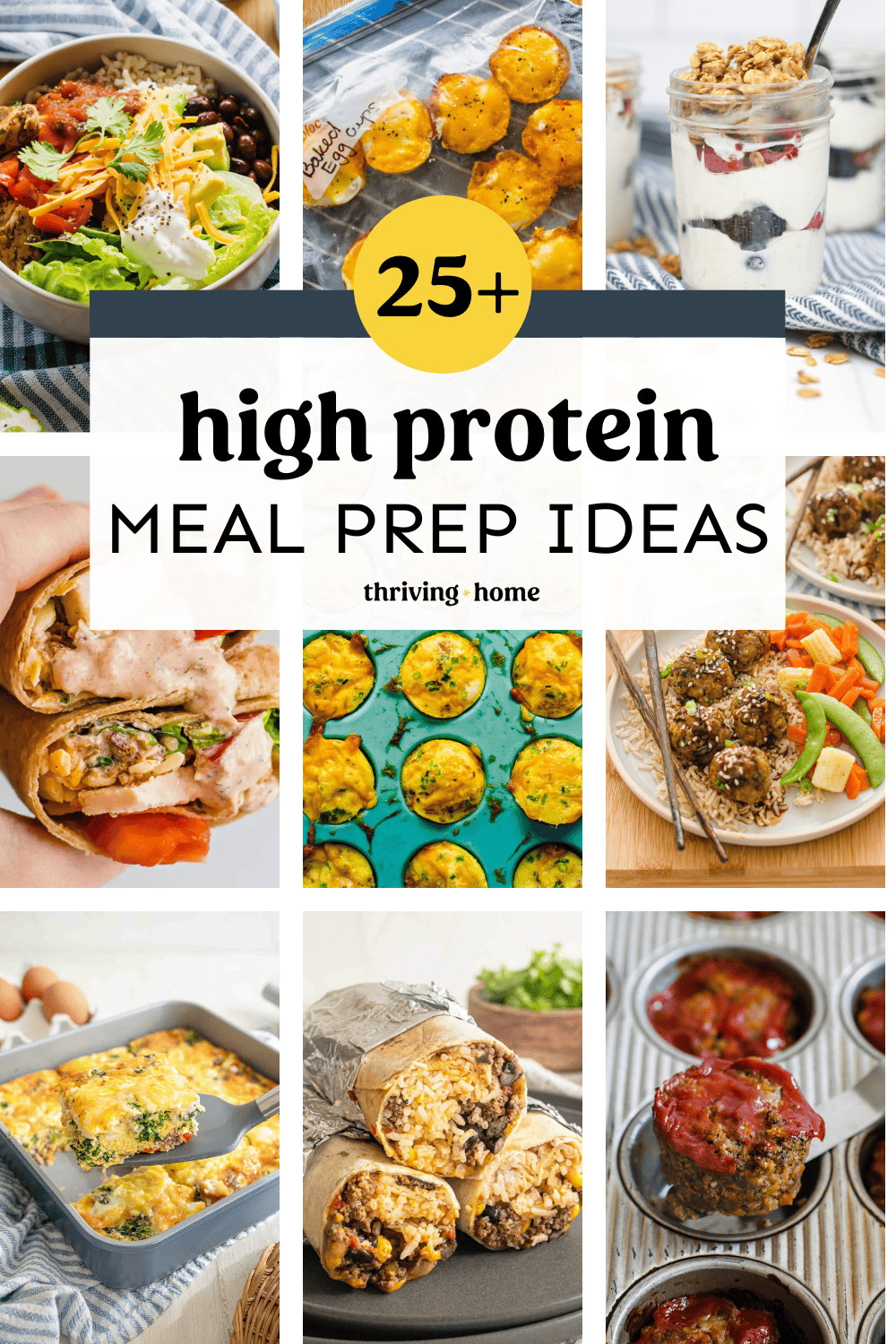 Collage image of high protein meal prep ideas. 