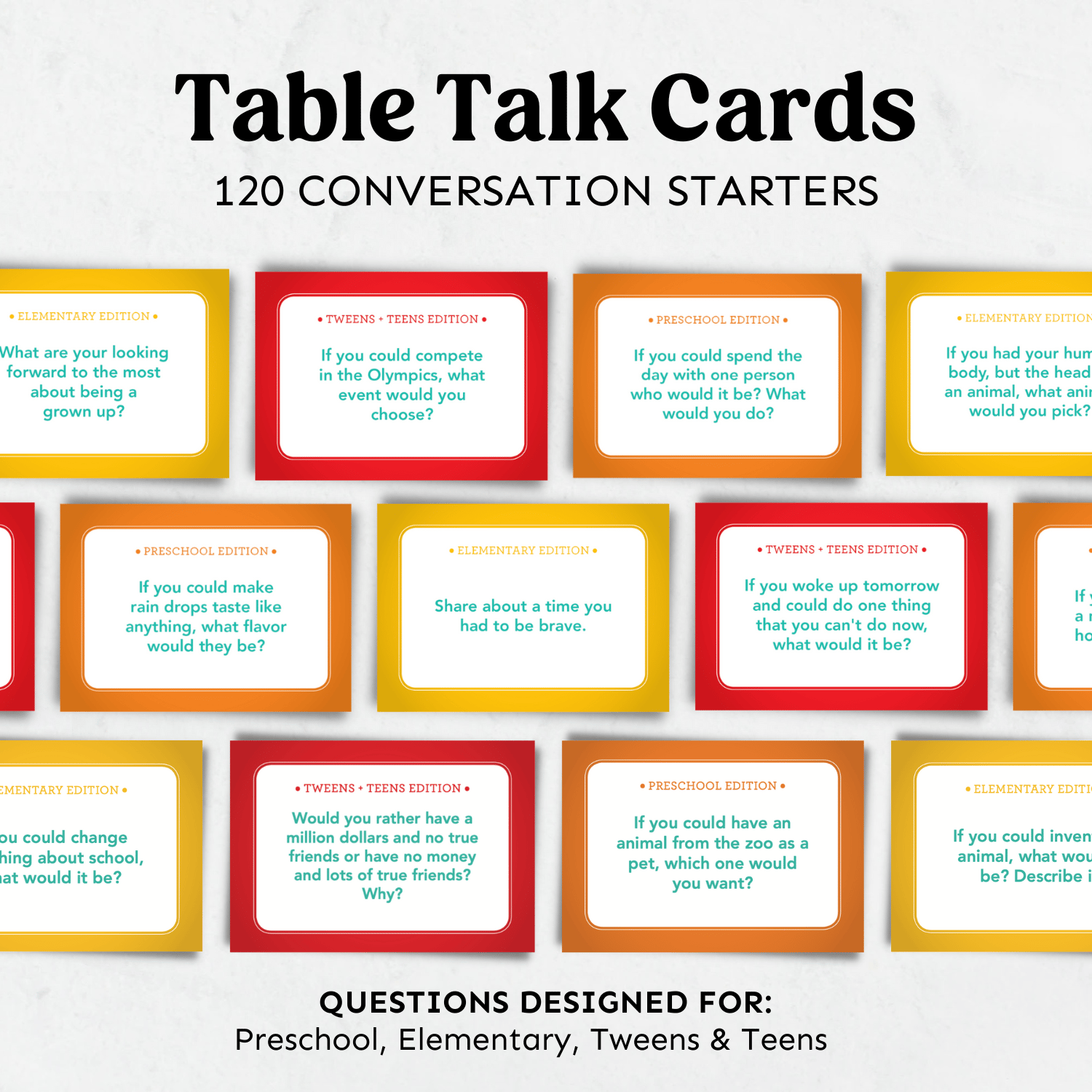 table talk cards for conversation starters at dinner.