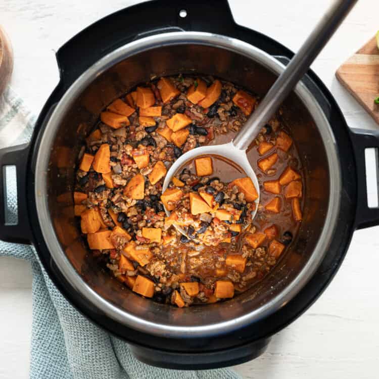 Turkey and sweet potato chili in an Instant Pot ready to serve.