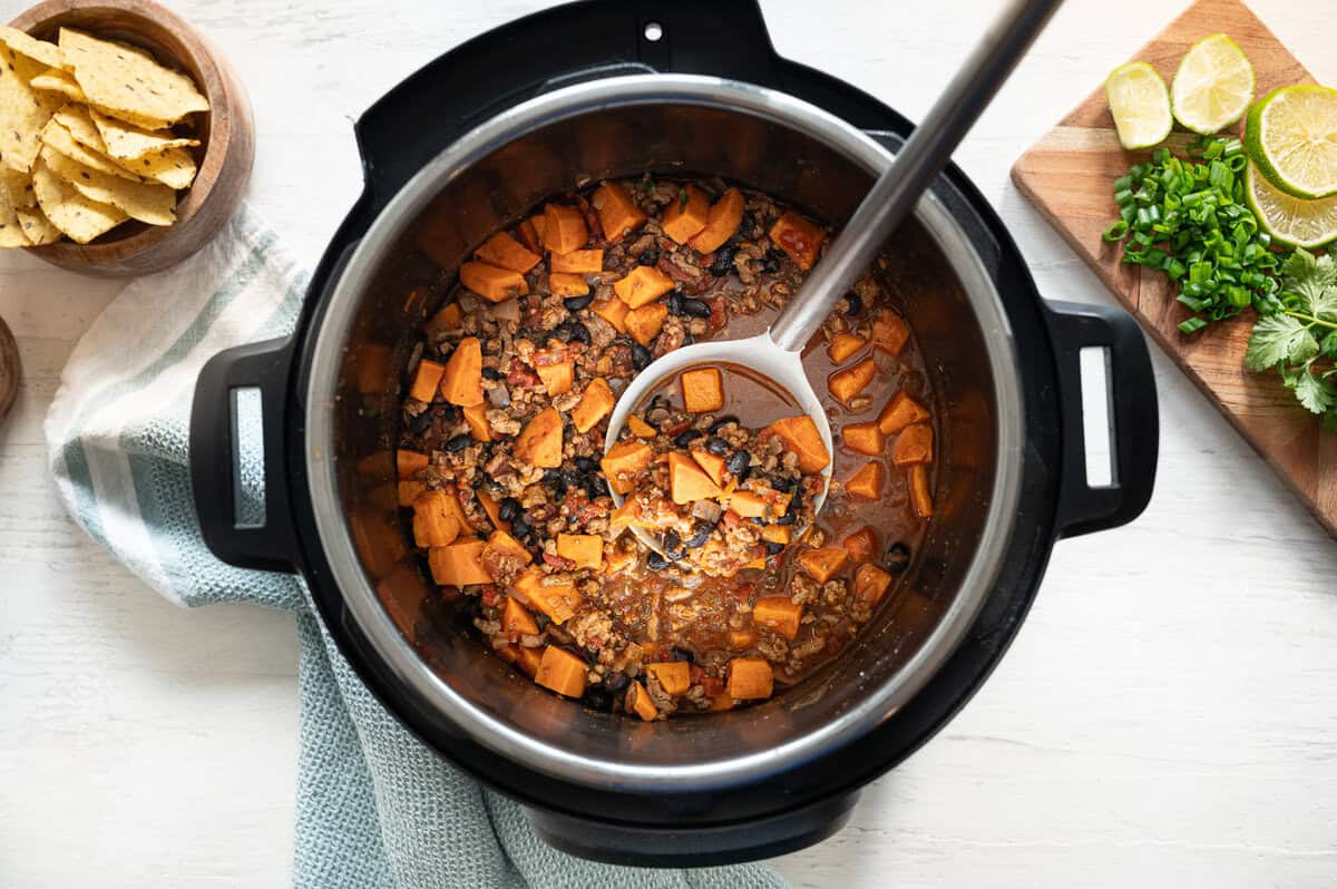 Turkey and sweet potato chili in an Instant Pot ready to serve.