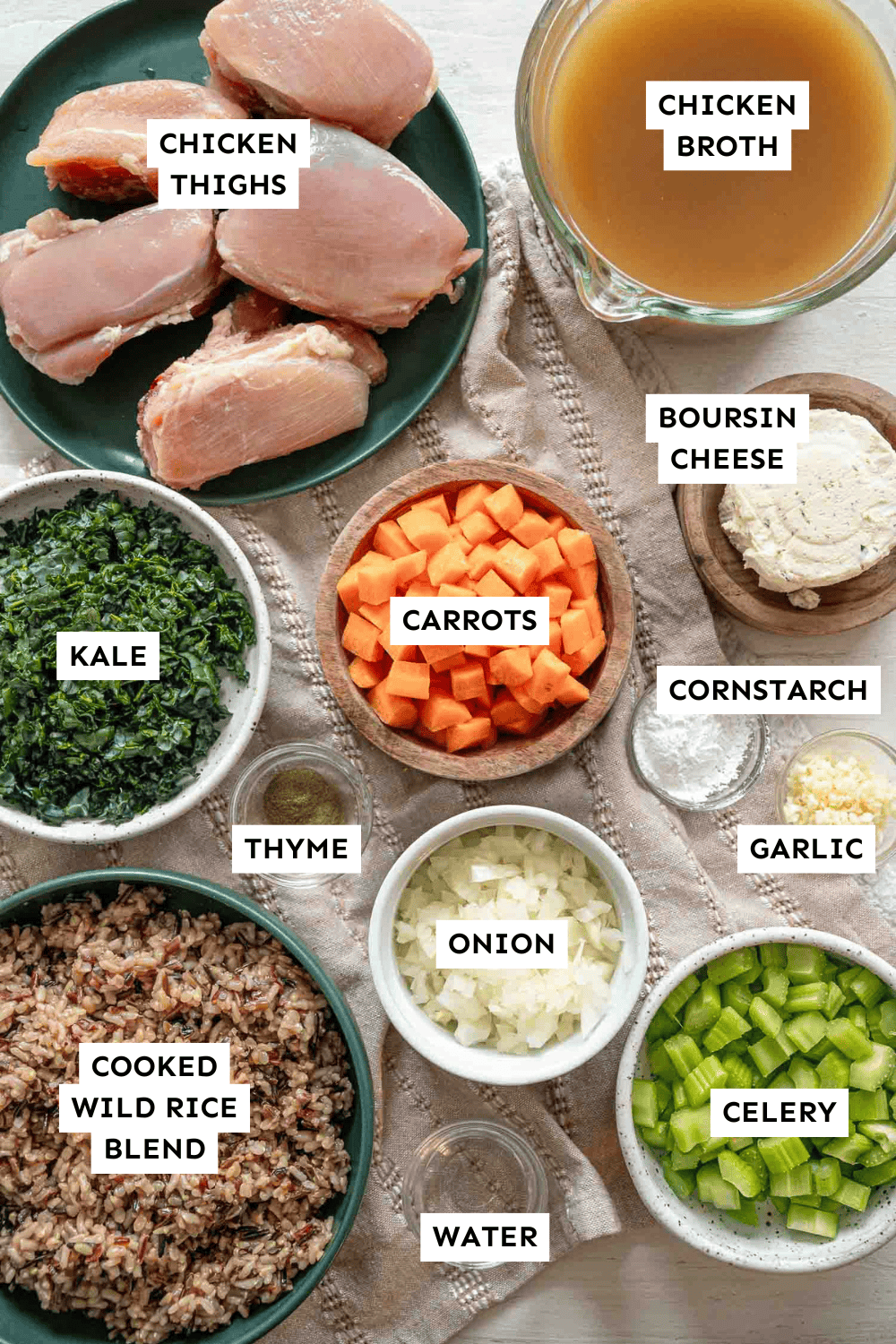 Boursin chicken and wild rice soup ingredients measured out and labeled.