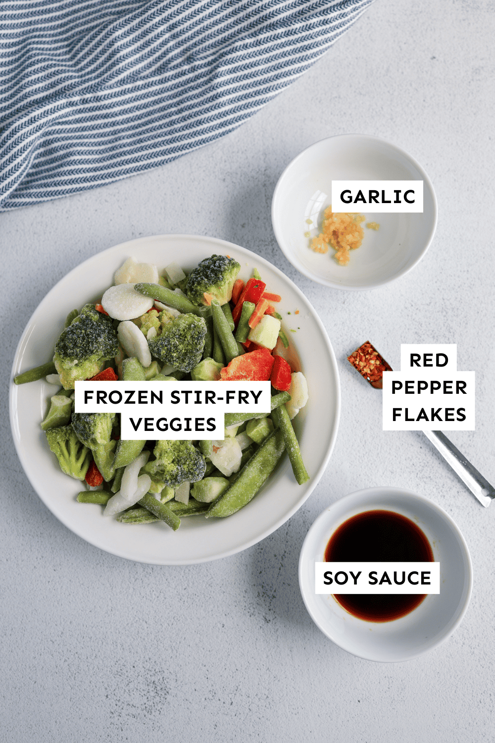 Stir-fry veggie ingredients laid out in bowls and labeled.