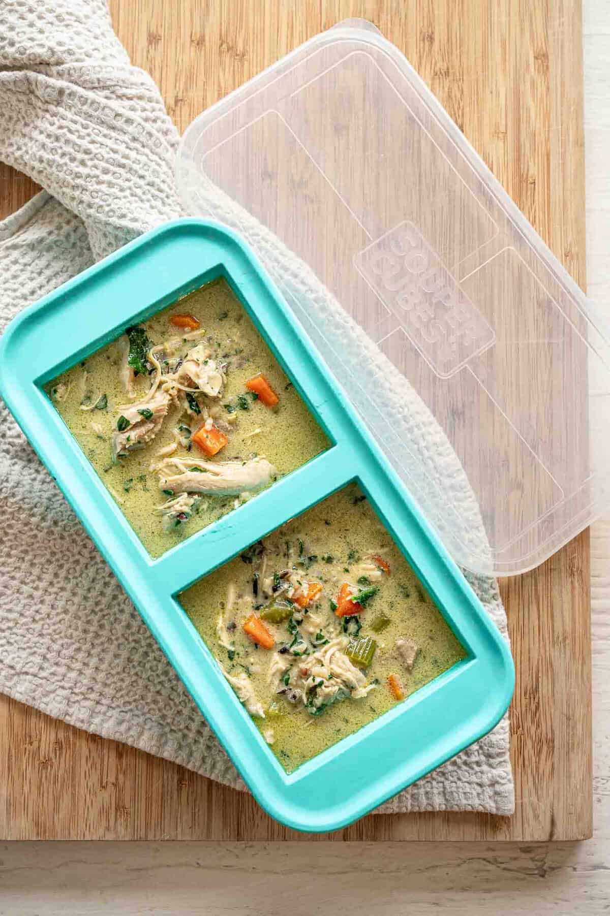 Boursin chicken and wild rice soup in a 2-cup Souper Cube ready for the freezer.