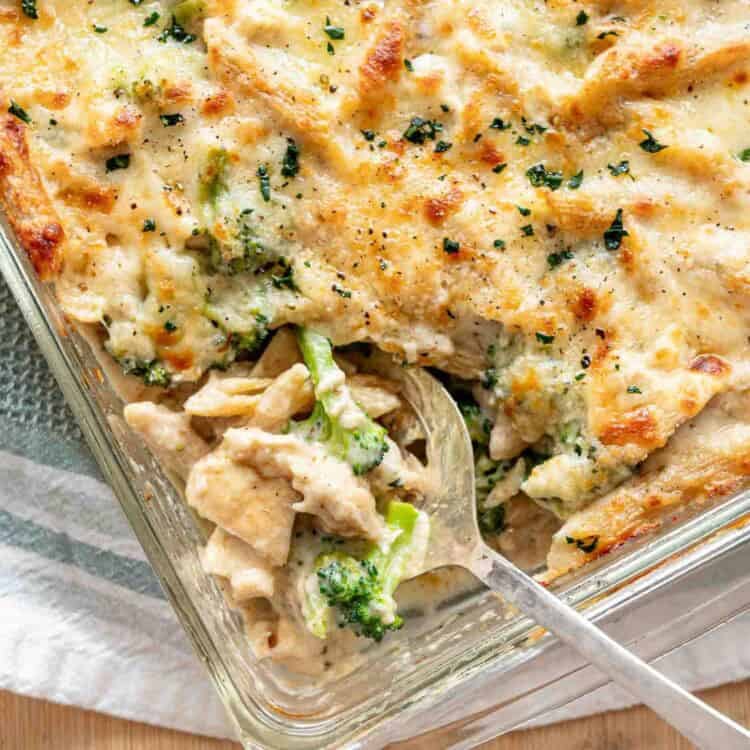 A serving of chicken broccoli alfredo bake being lifted out of a baking dish with a spoon.