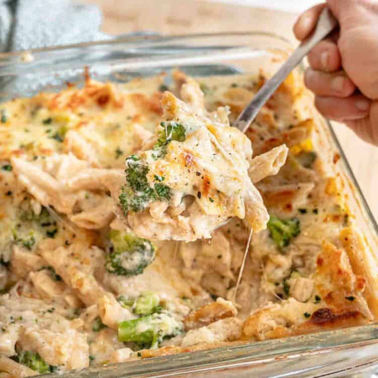 Chicken broccoli alfredo bake being served from a glass baking dish.