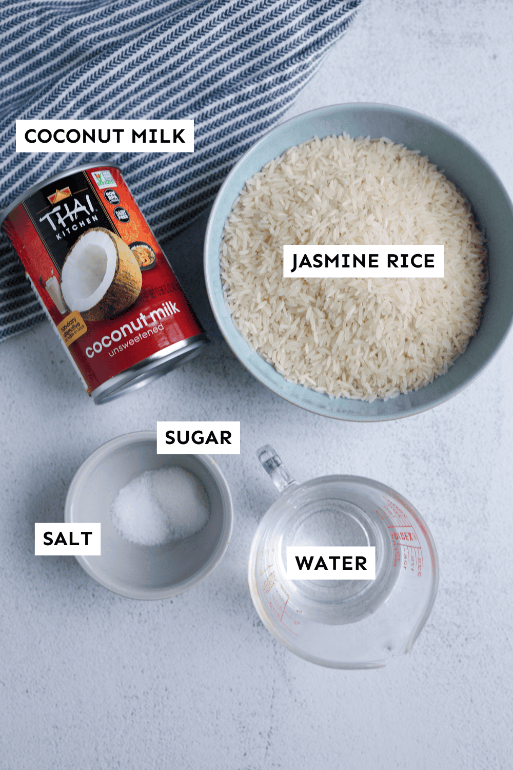 Coconut Rice ingredients laid out in bowls and labeled.