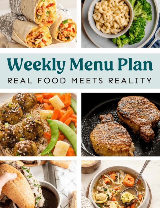 Collage of weekly menu plan recipes.