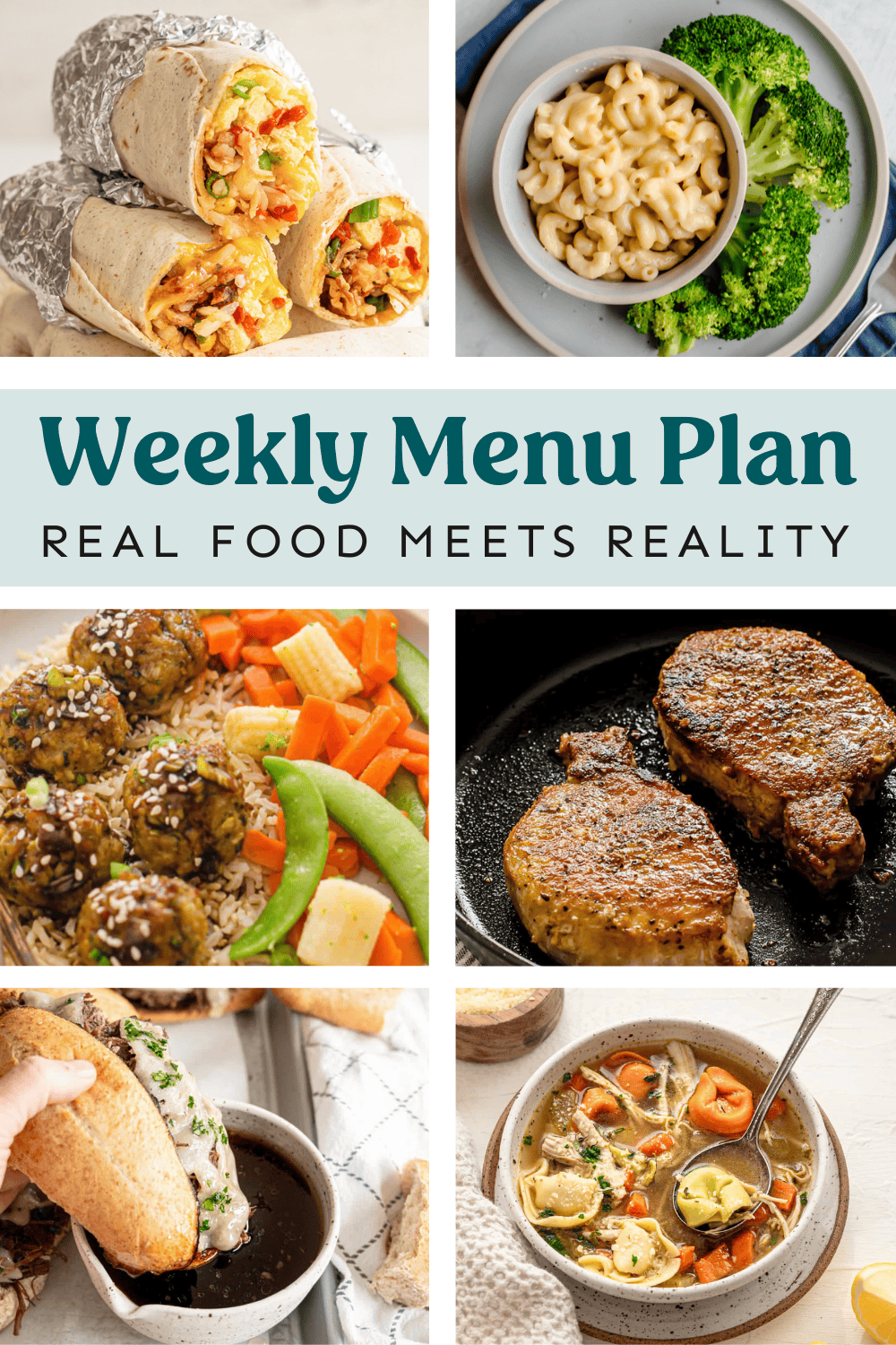 Collage of weekly menu plan recipes.