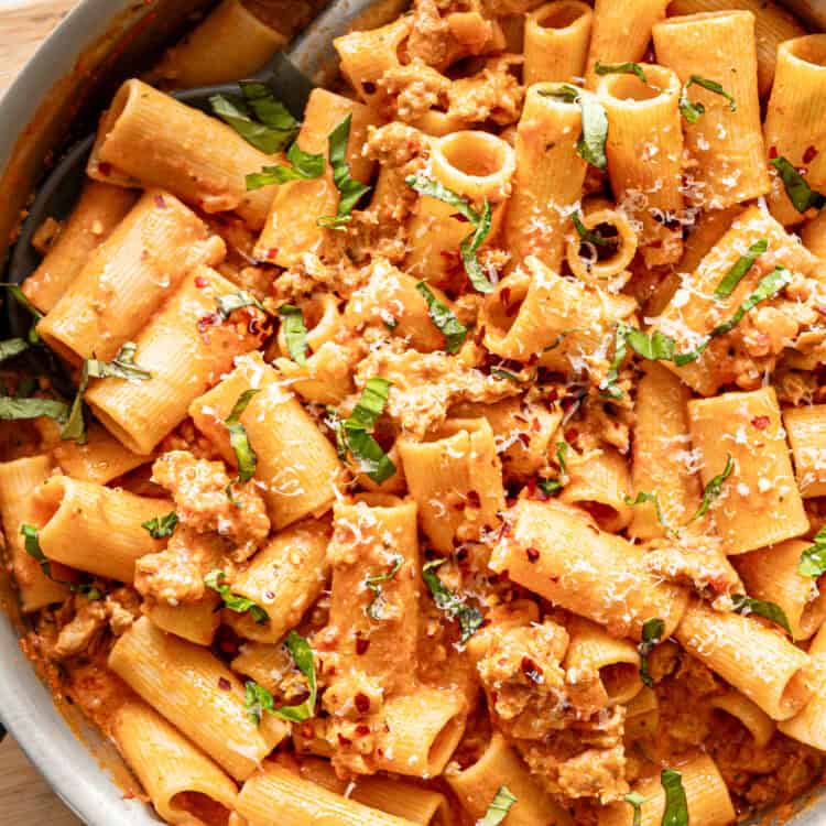 Rigatoni in a creamy tomato sauce ready to serve.