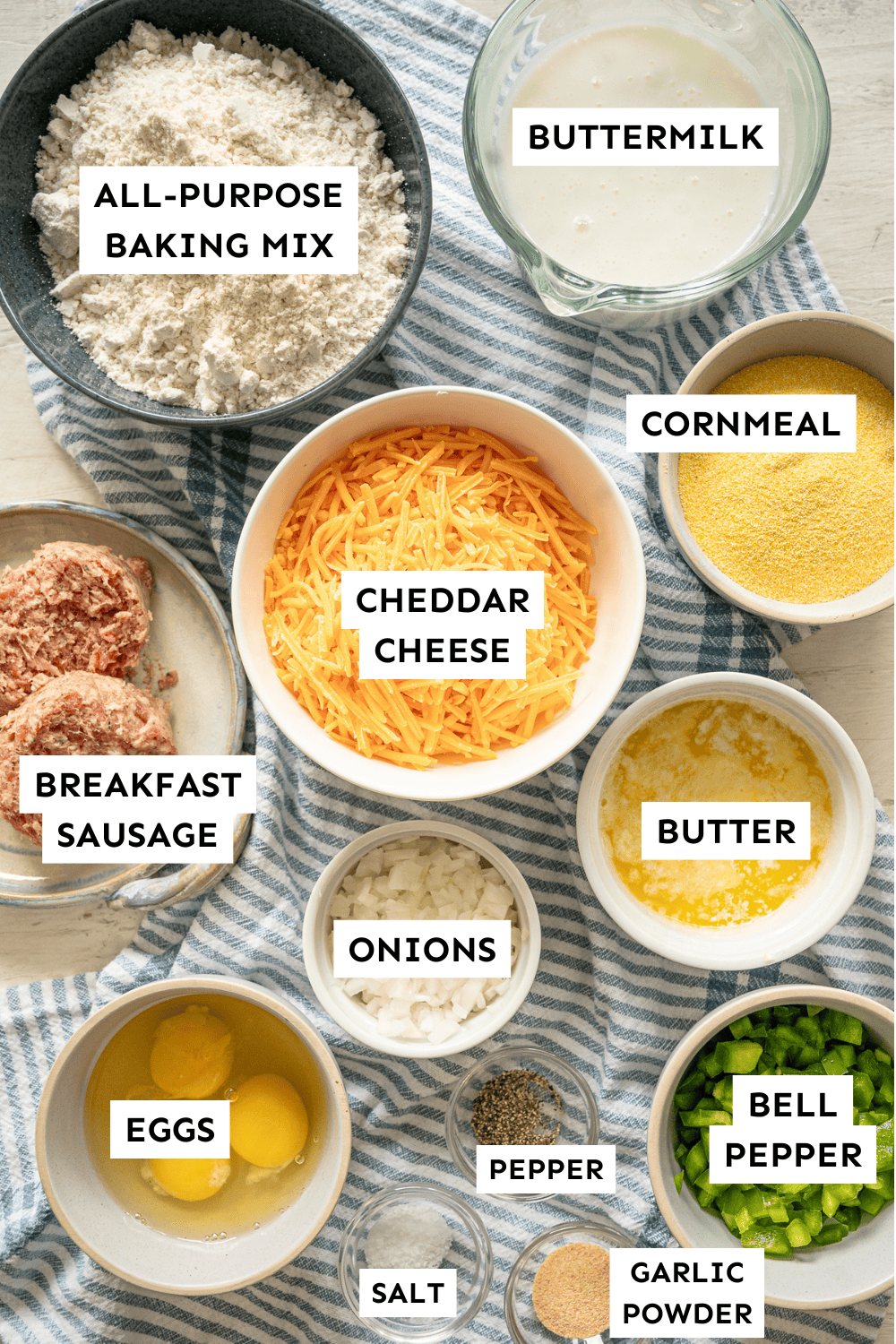 Savory breakfast muffin ingredients measured out and labeled.