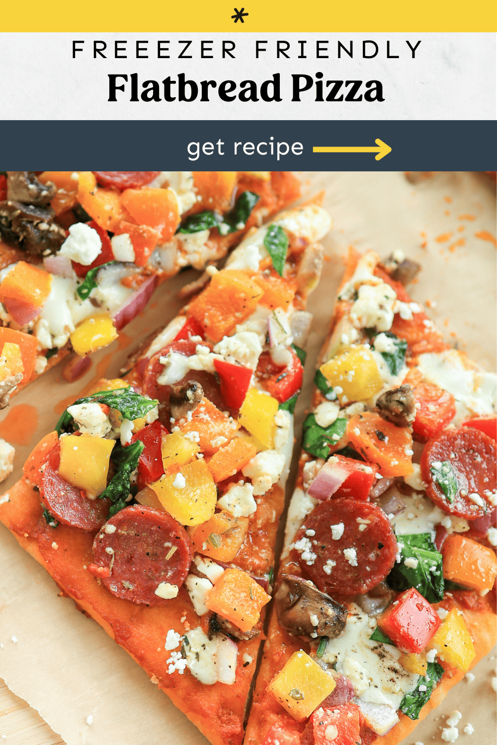 Pepperoni and veggie flatbread pizza sliced into triangles and served on a wooden cutting board.