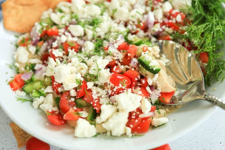 A spoon scooping out a portion of Greek Dip.