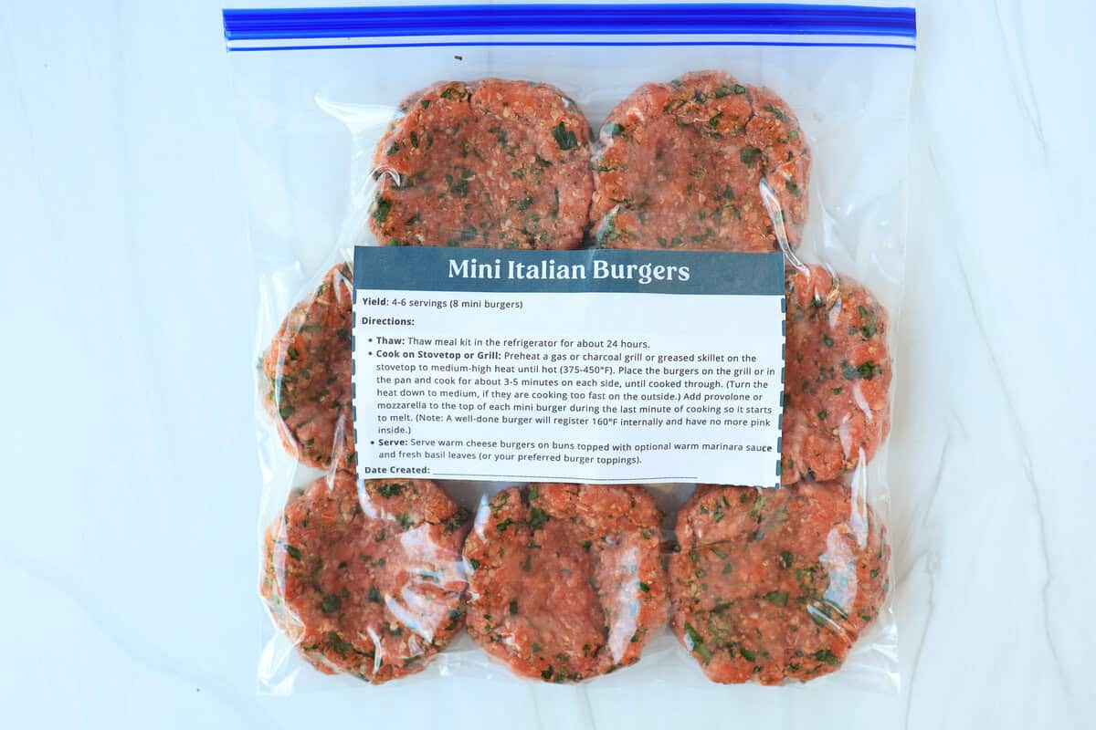 Mini Italian burgers in a freezer bag with a freezer label.