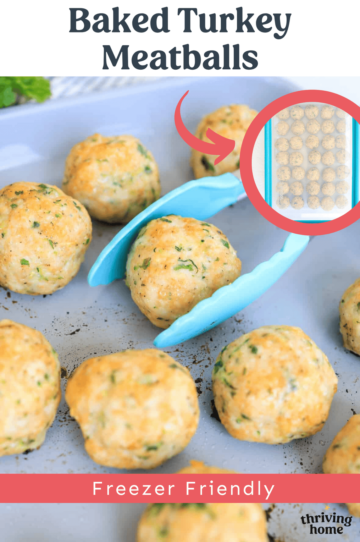 Turkey meatballs on a baking sheet with an inset photo of raw meatballs in a freezer container.