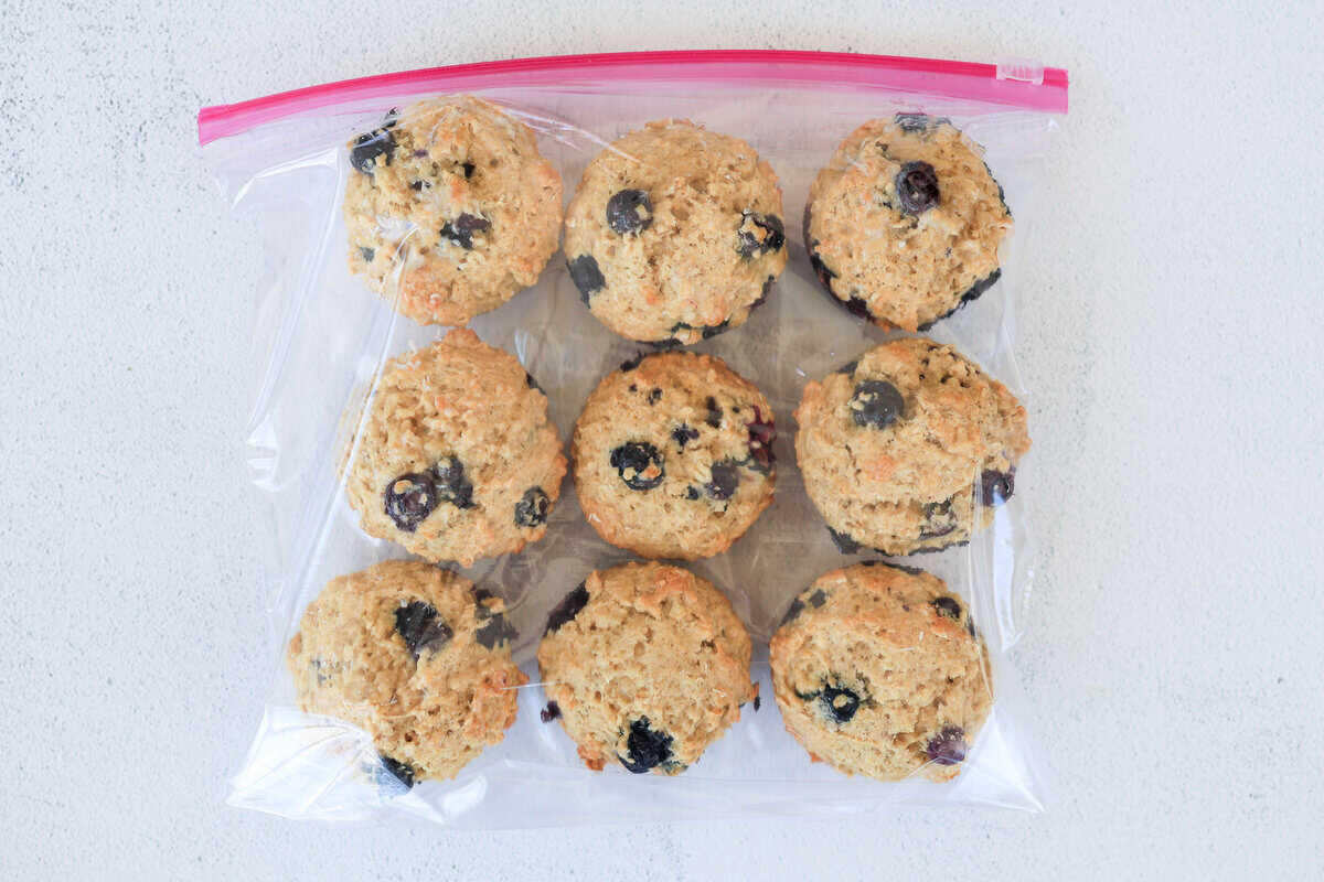 Blueberry oatmeal muffins in a freezer bag.