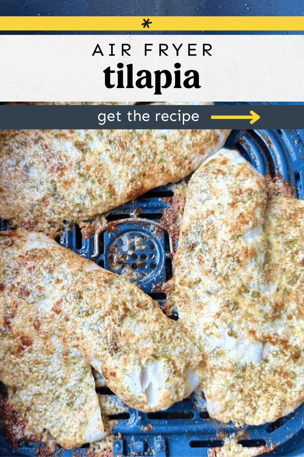 Parmesan tilapia filets being cooked in an air fryer.