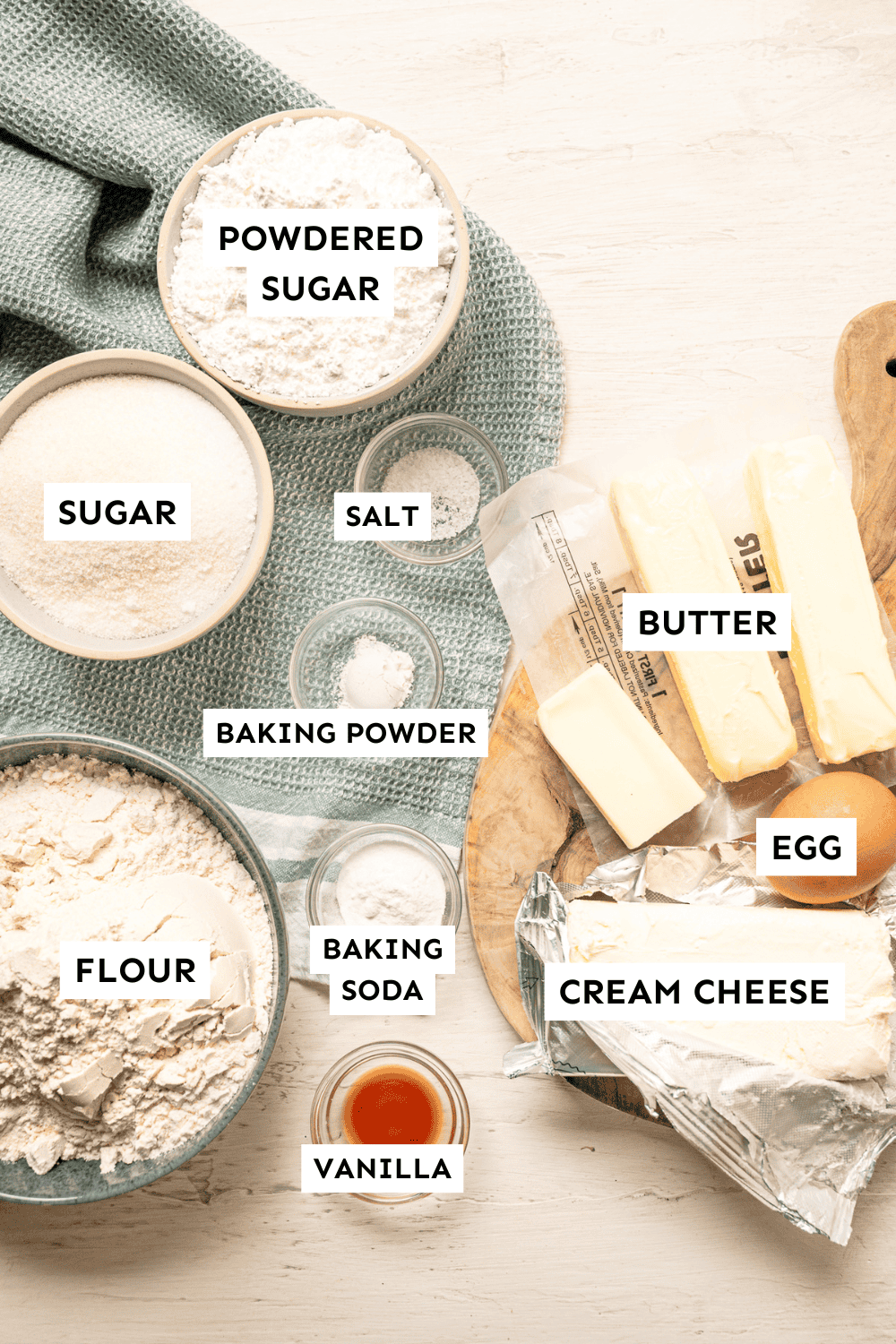 Ingredients for cookies with cream cheese frosting measured out and labeled.
