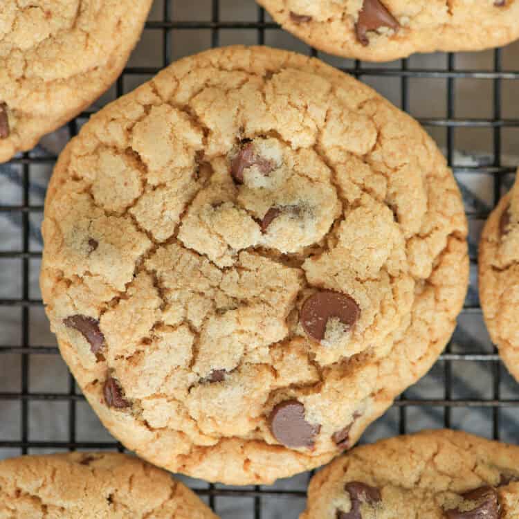 Whole wheat chocolate chip cookies on a baking rack.