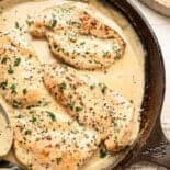 Chicken cutlets smothered in Boursin gravy in a cast iron skillet.