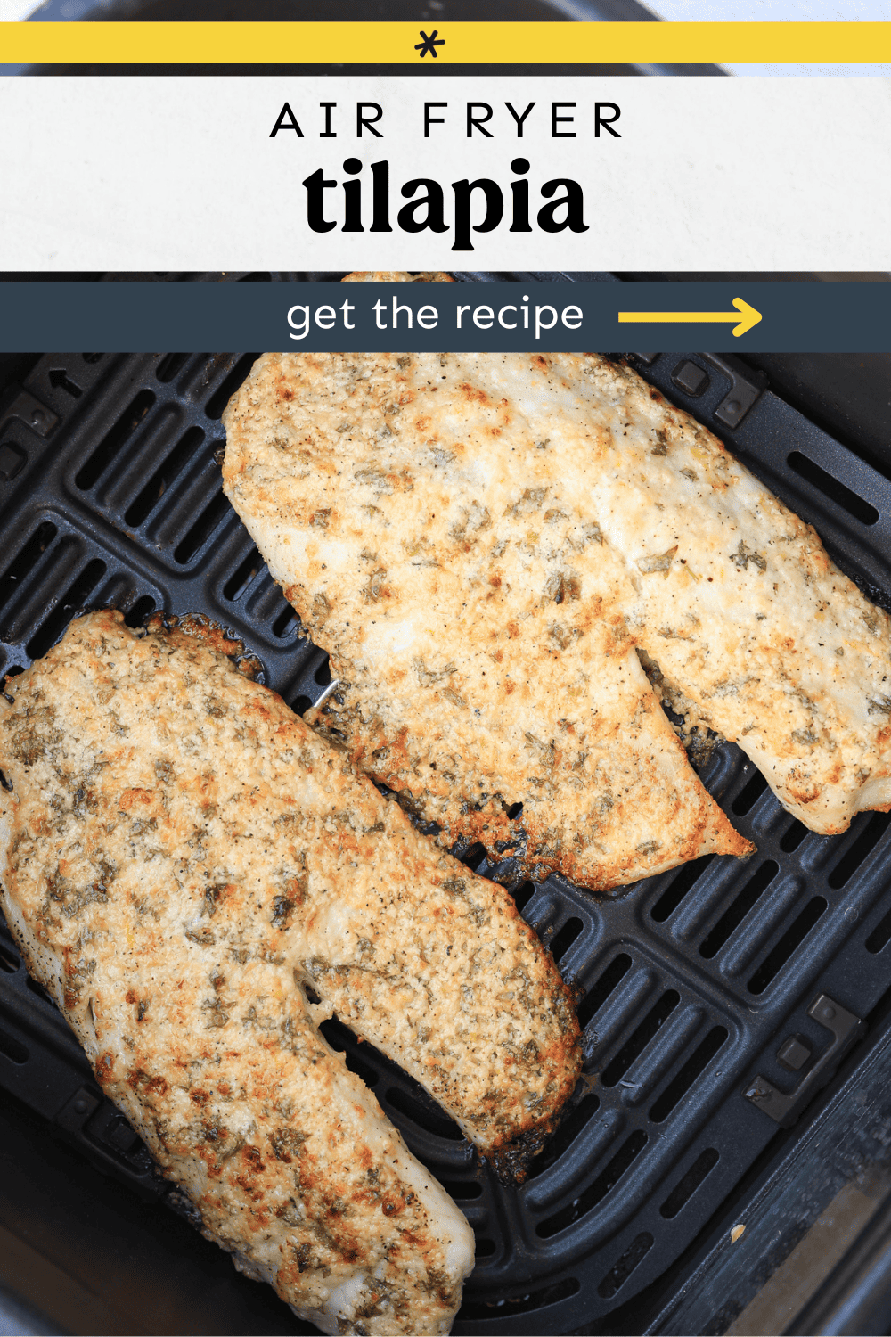 Parmesan broiled tilapia in the basket of an air fryer.