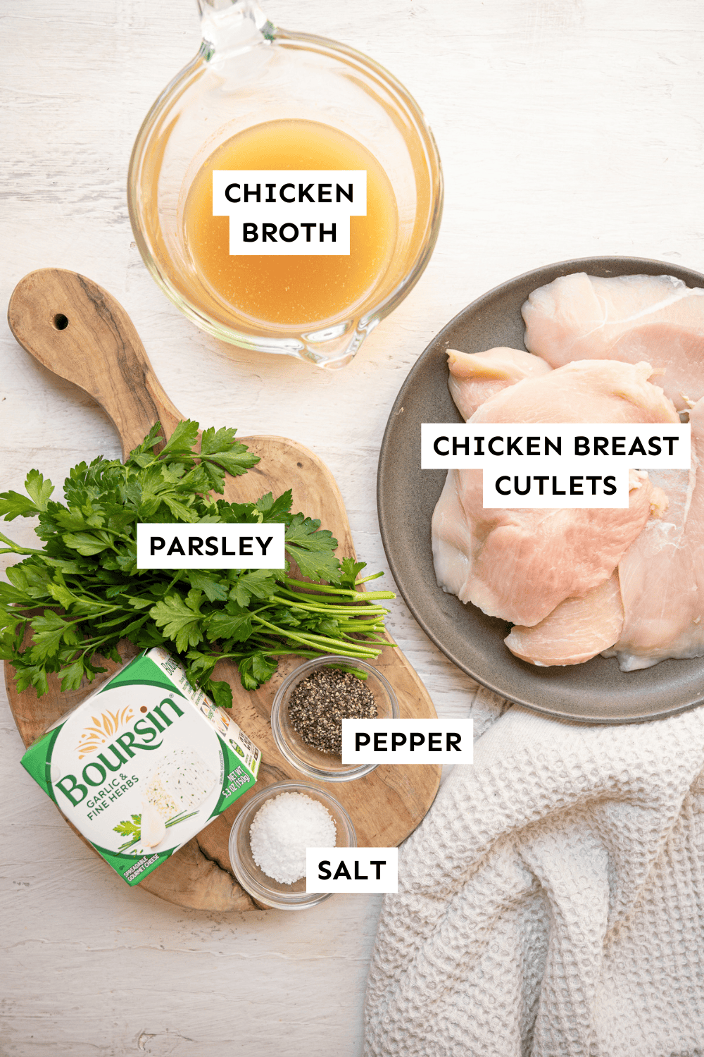 Ingredients for Boursin chicken measured out and labeled.