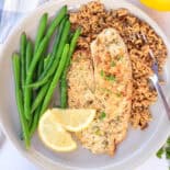 A plate with a broiled Parmesan tilapia filet, steam green beans, and brown rice.