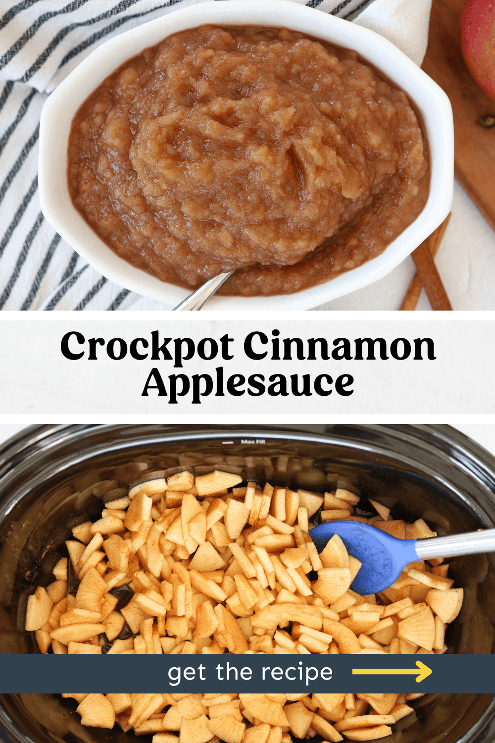 A photo of chunky homemade cinnamon applesauce above a photo of chopped apples in a crockpot to be cooked.