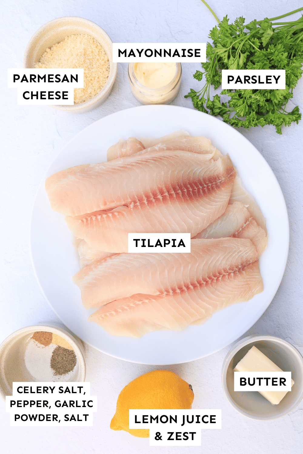 Parmesan broiled tilapia ingredients measured out and labeled.
