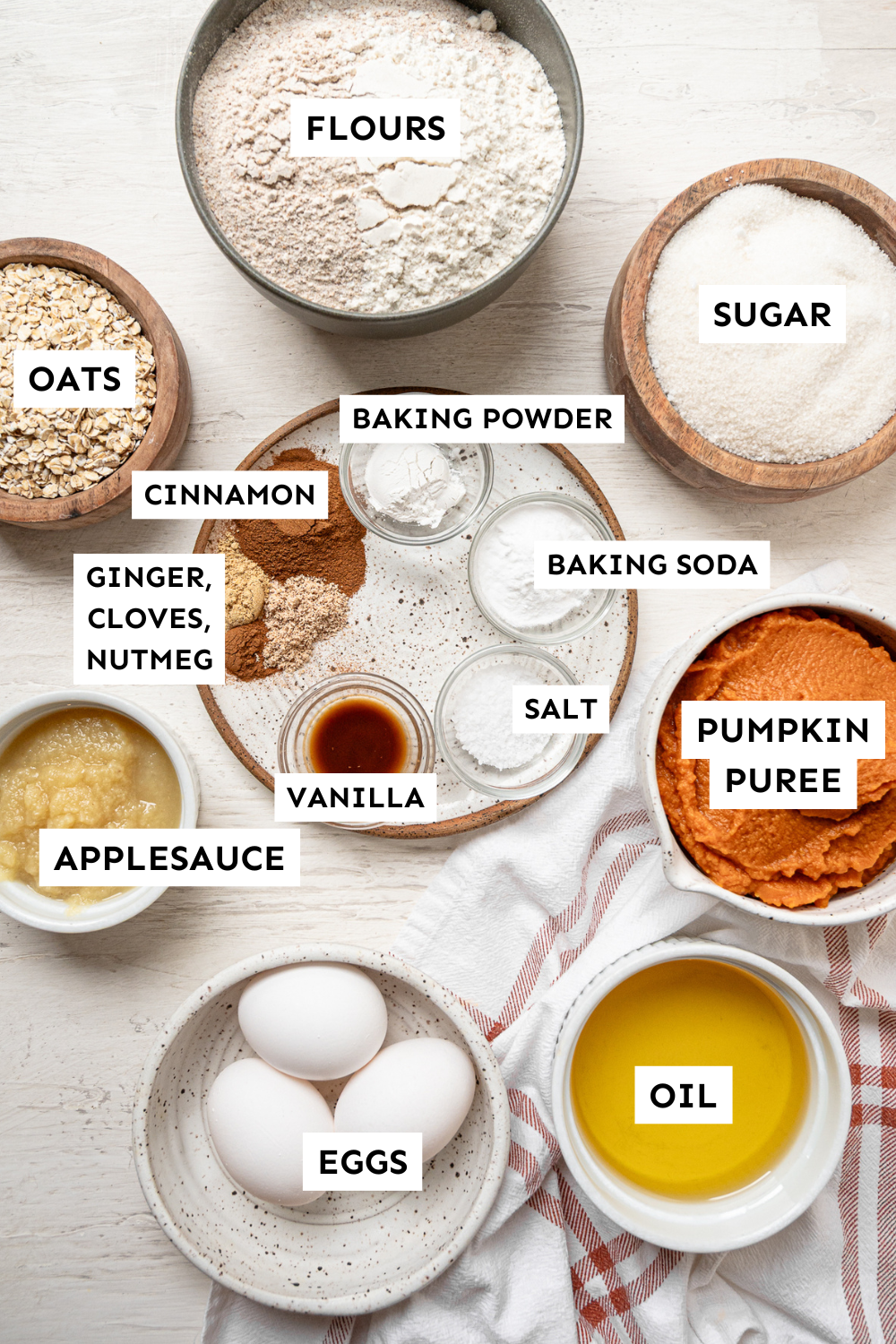 Pumpkin spice muffin ingredients measured out and labeled.