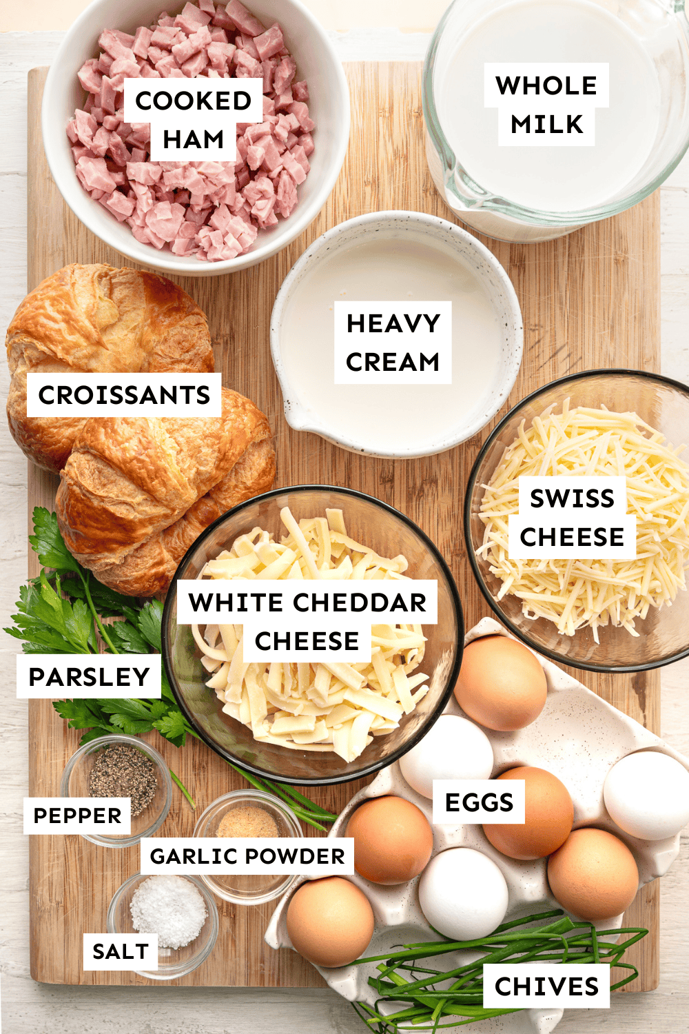 Ingredients for croissant breakfast casserole measured out and labeled.