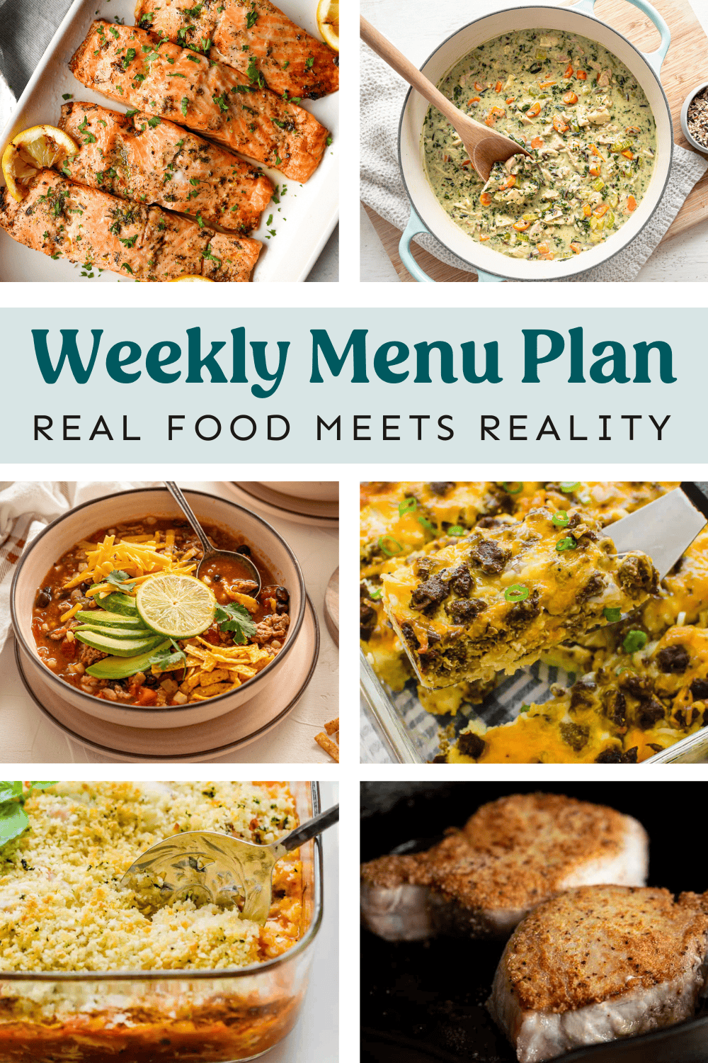 Collage of meals on weekly menu plan.