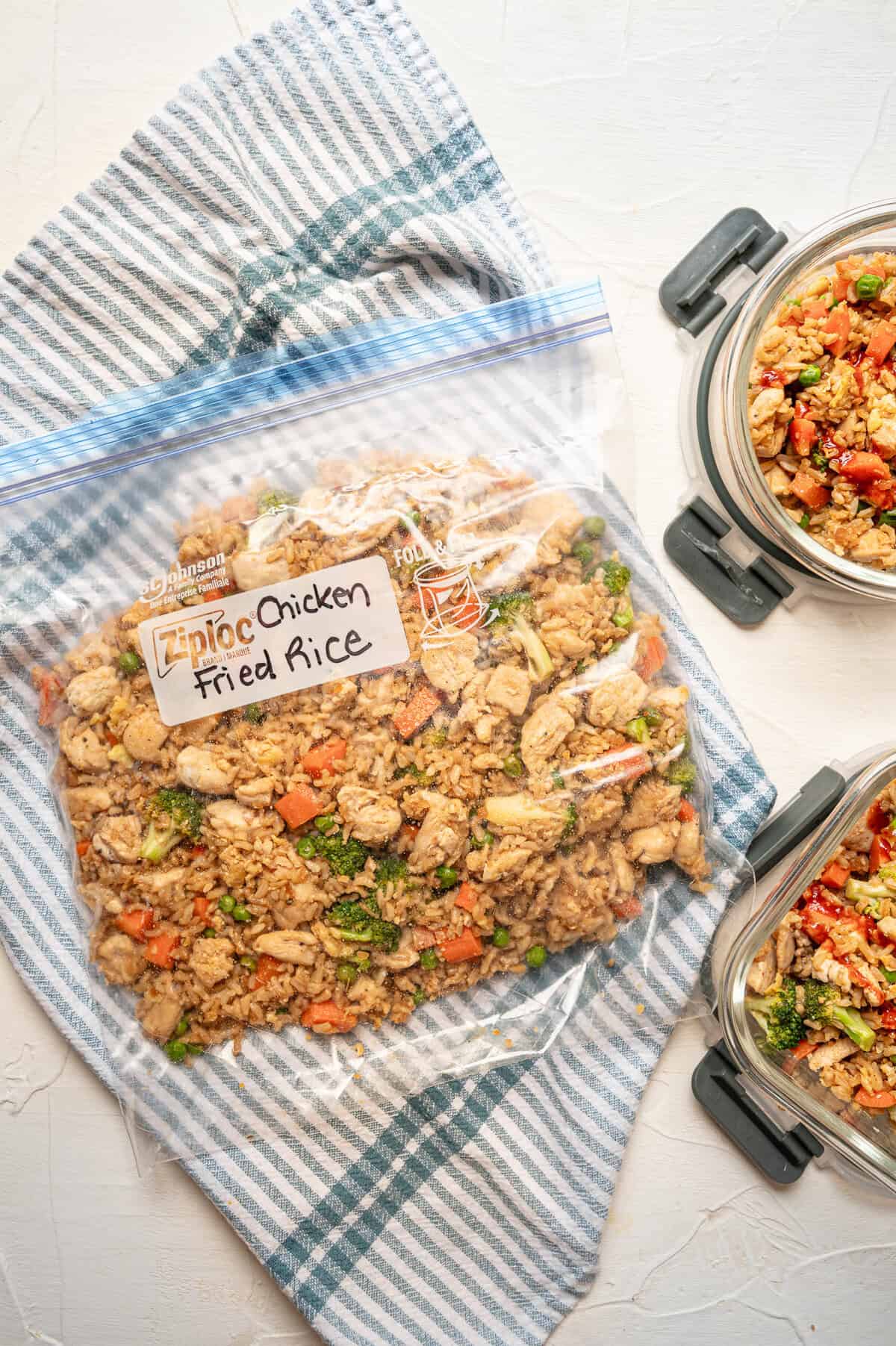 Filled freezer bag labeled chicken fried rice.