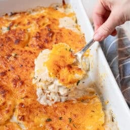 A spoon dishing out a serving of cheesy scalloped potatoes from a 9x12 pan.