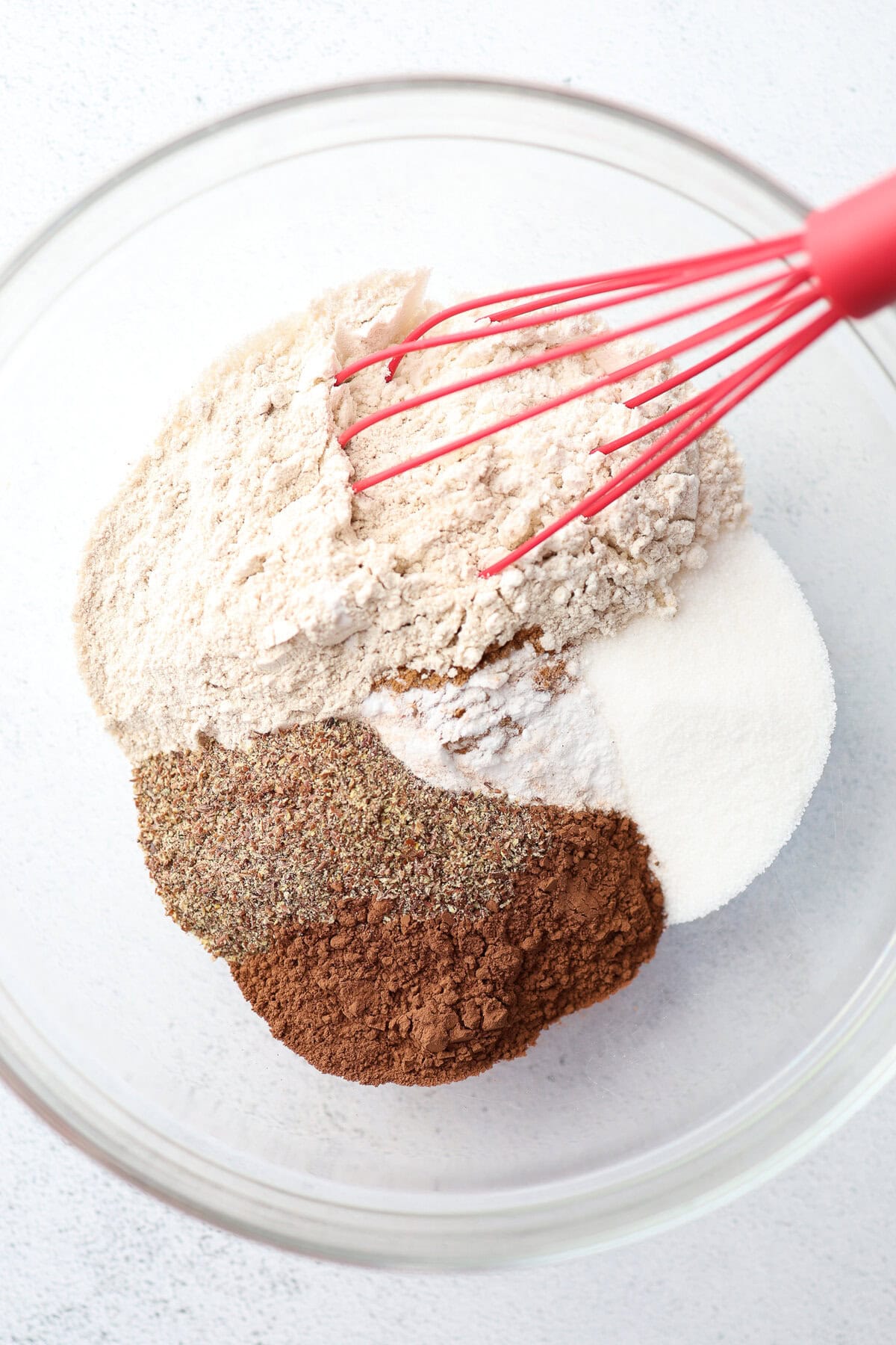 Dry ingredients for chocolate banana muffins being mixed together.