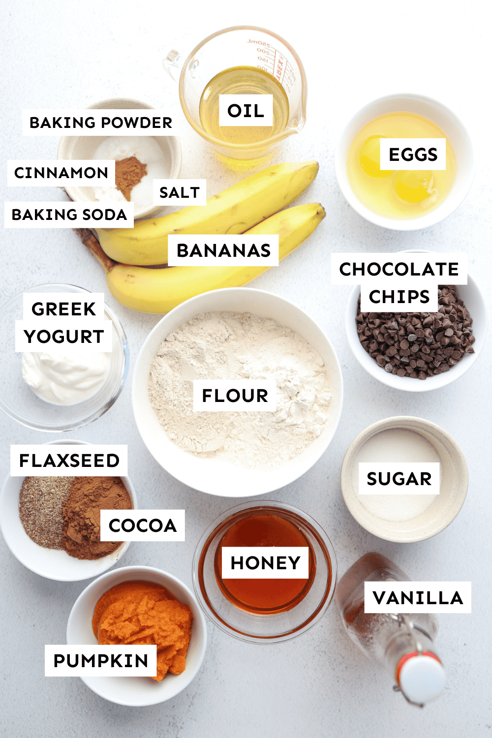 Ingredients for chocolate banana muffins measured out and labeled.