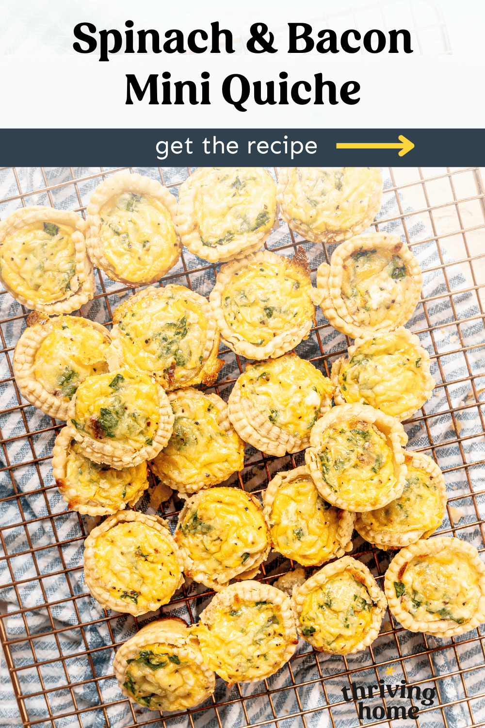 A cooling rack of mini spinach and bacon quiche.