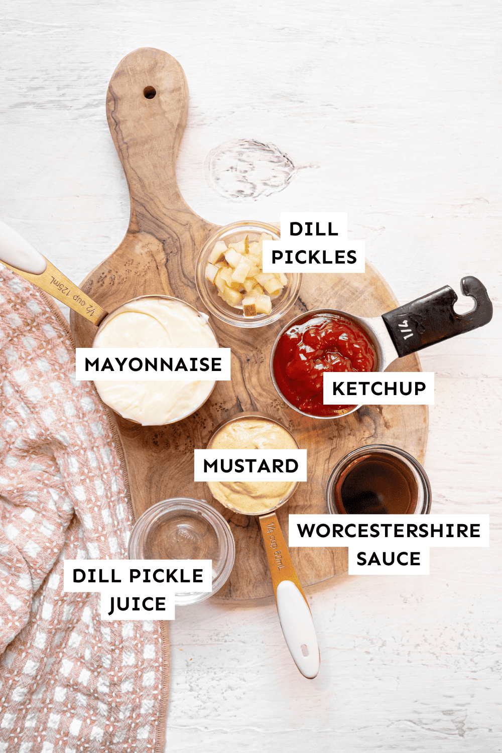 Thriving Home's burger secret sauce ingredients measured out and labeled.