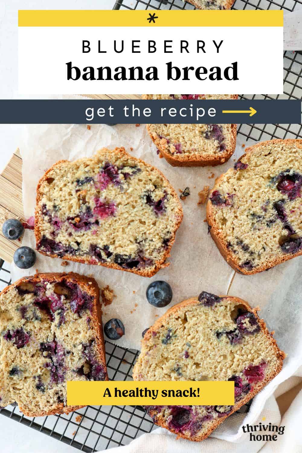 Blueberry banana bread slices cooling on a baking rack.
