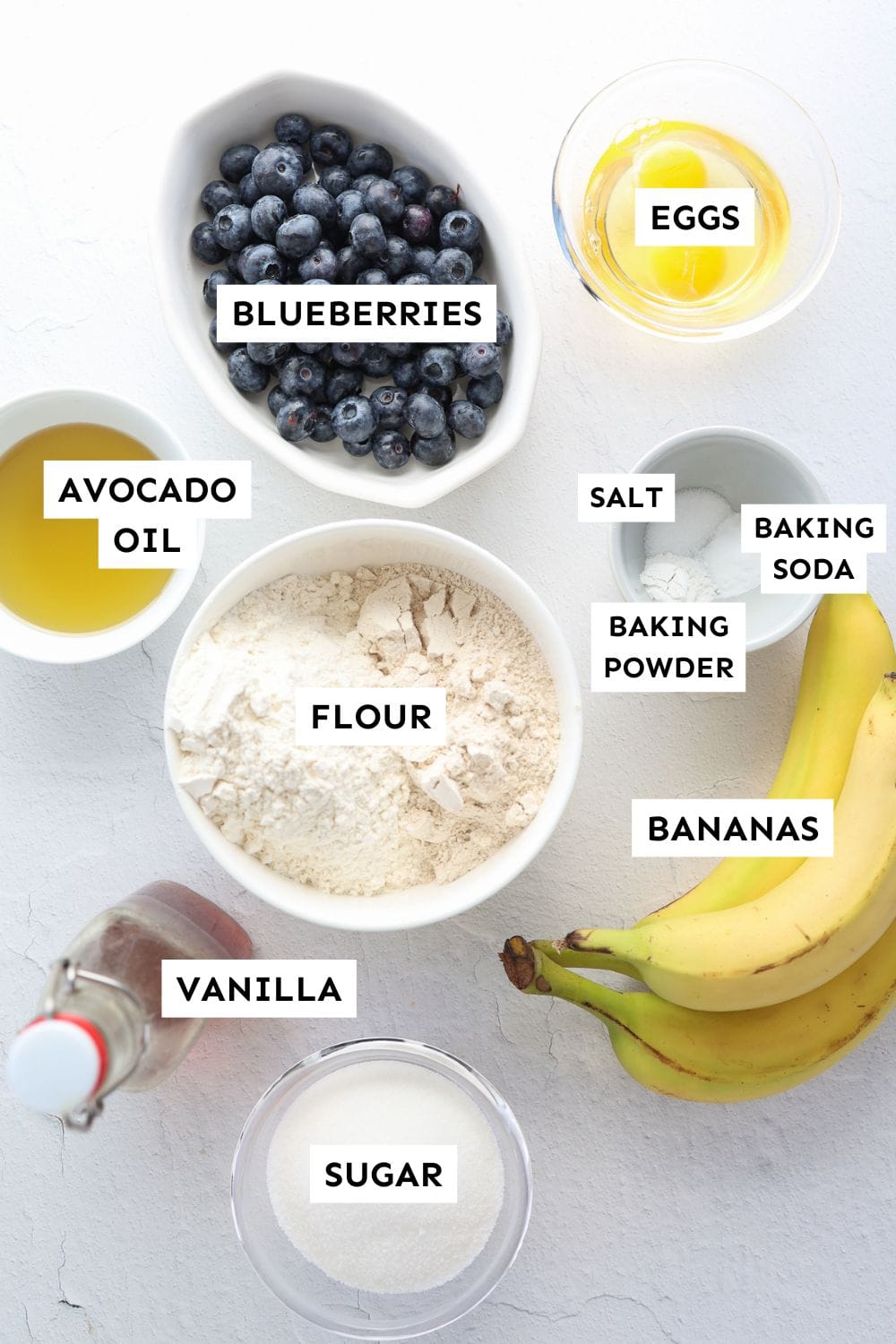 Blueberry banana bread ingredients measured out and labeled.