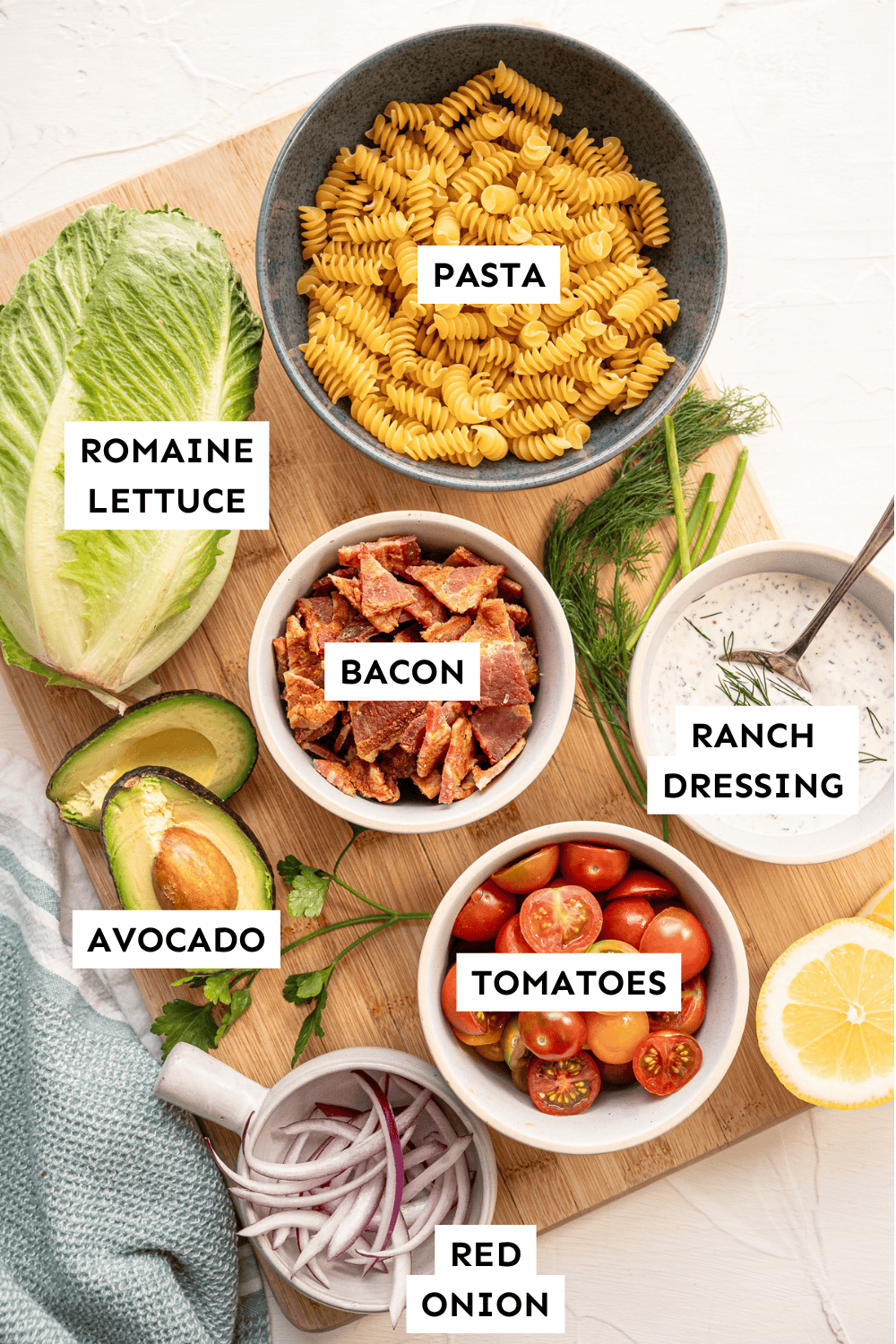 Ingredients for BLT pasta salad measured out and labeled.