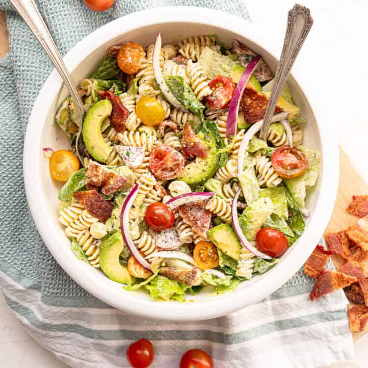 BLT pasta salad all mixed together with homemade ranch dressing ready to serve.