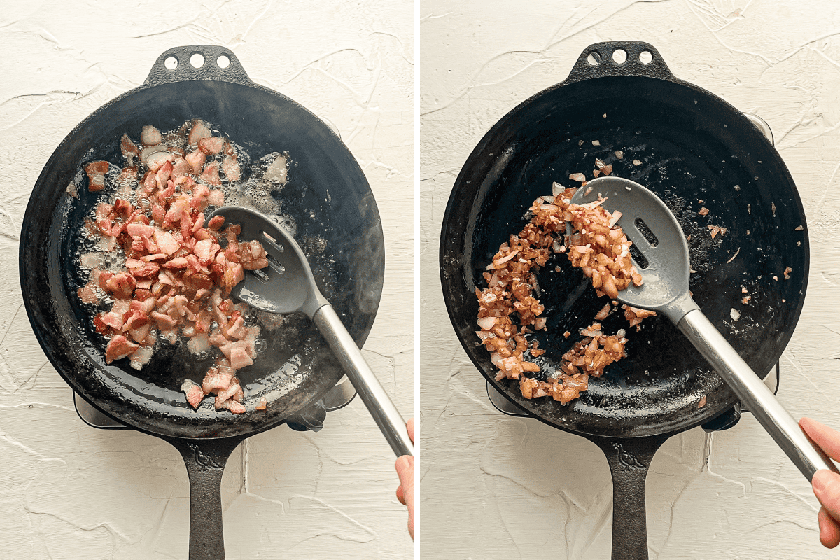 Two photos of food sauteing in a cast iron skillet - bacon pieces on left and onions on right.